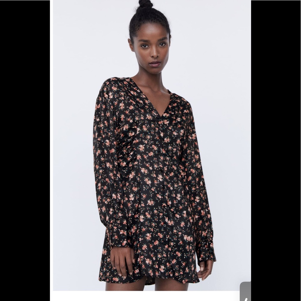 ZARA Satin Floral Print LongSleeve Sundress Dress